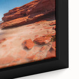 Close-up of a textured, black wall art featuring a colorful Prince Edward, Canada scenery on a framed canvas.