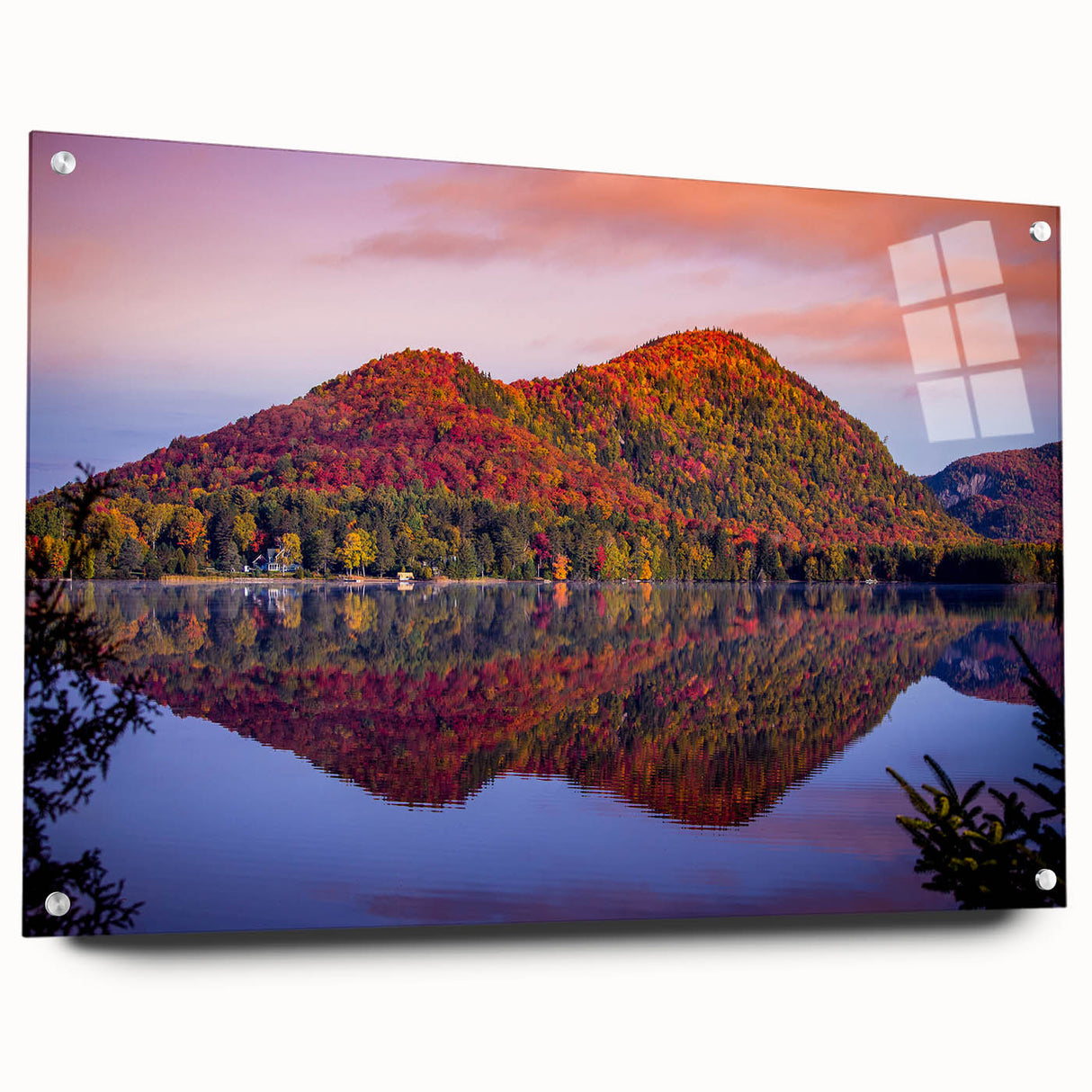 Acrylic print of a serene Quebec landscape, featuring cool blue and green tones, ideal for dining room decor.