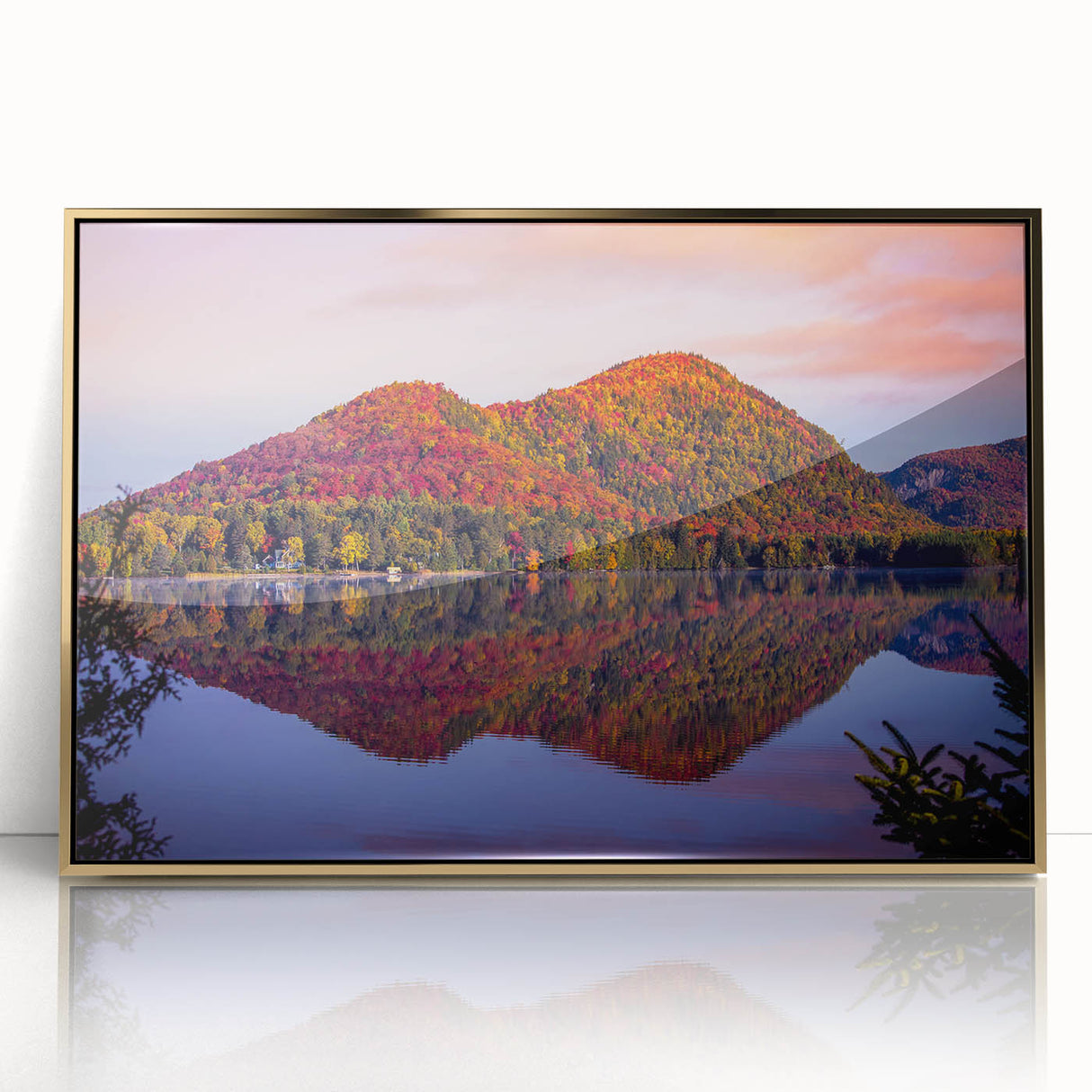 Large art print of Quebec scenery in mid-century modernist style with muted earth tones, framed in gold acrylic.