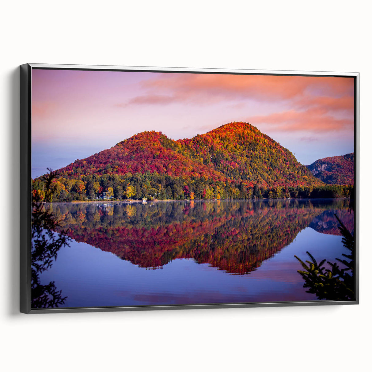 Black and white framed canvas of a vintage Quebec landscape, ideal for bedroom wall art.