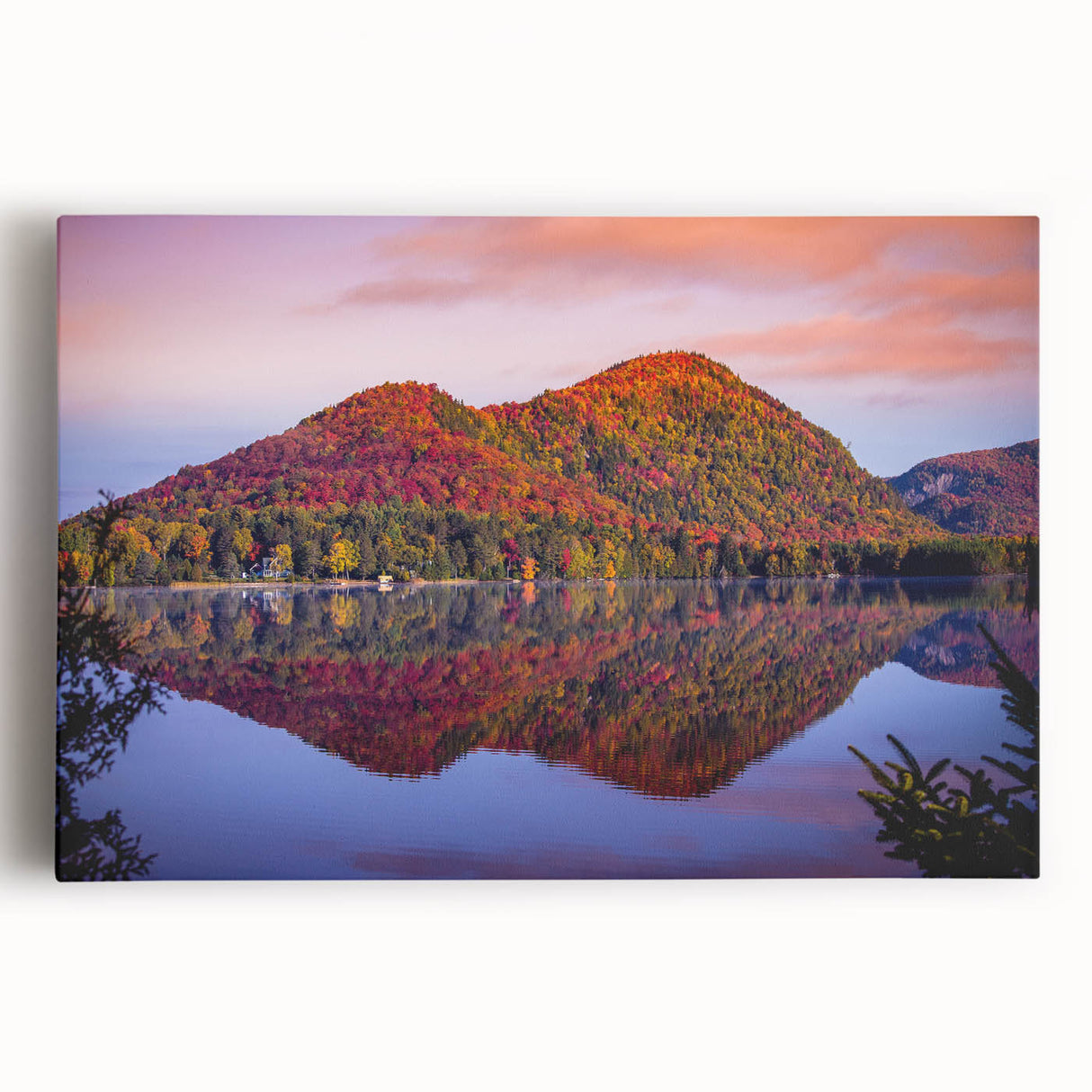 Large black and white stretched canvas of Quebec scenery, suitable for kitchen wall art.