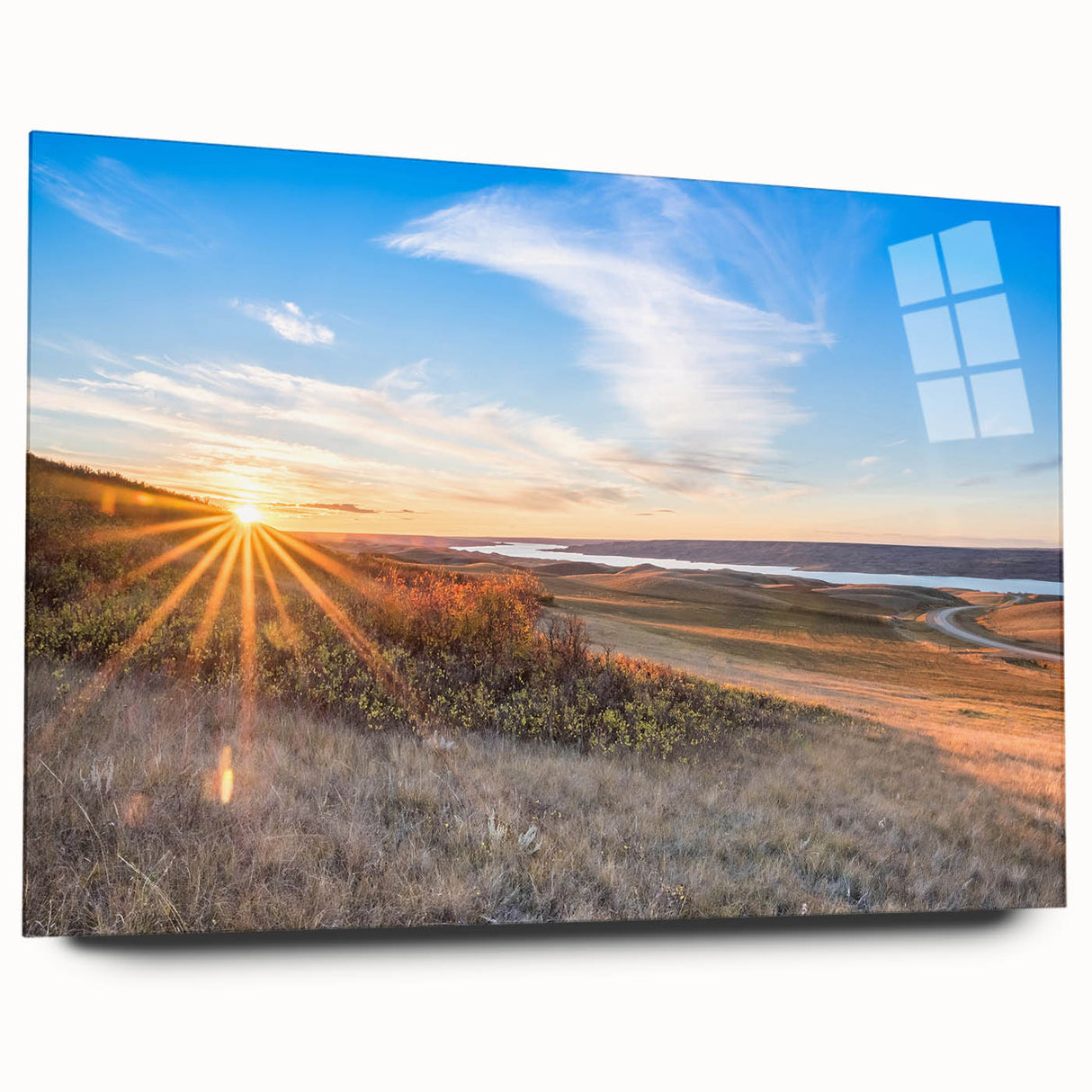 Large abstract wall art of Saskatchewan scenery in muted earth tones on acrylic glass.
