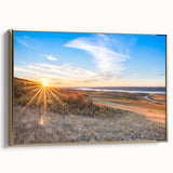 Framed canvas depicting a vintage-style landscape of Saskatchewan with muted earth tones, ideal for bedroom wall art.