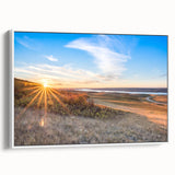 Vintage poster art of a Saskatchewan landscape on framed canvas, featuring vibrant colors, ideal for living room decor.