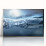 Mid-century modernist art depicting Yukon scenery in muted earth tones on a framed acrylic panel.