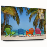 Large abstract wall art depicting Caribbean scenery in vibrant blues and greens on acrylic glass.