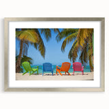 Textured abstract art print of Caribbean scenery in muted blue and green tones on a framed silver mat.