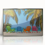Mid-century modernist art of a Caribbean beach scene in pastel shades on a framed acrylic, ideal for nursery wall art.