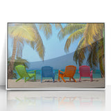 Art deco poster of Antigua scenery on white framed acrylic, featuring serene blue and green tones.