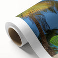 Art deco poster of Caribbean Antigua scenery on rolled canvas, featuring soft blue and green tones.