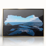 Art deco poster of a Caribbean Barbados scenery in vibrant blue and gold tones on a framed acrylic.