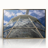 Art deco poster of Caribbean scenery in Bermuda, featuring vibrant ocean blues and gold accents, framed acrylic.