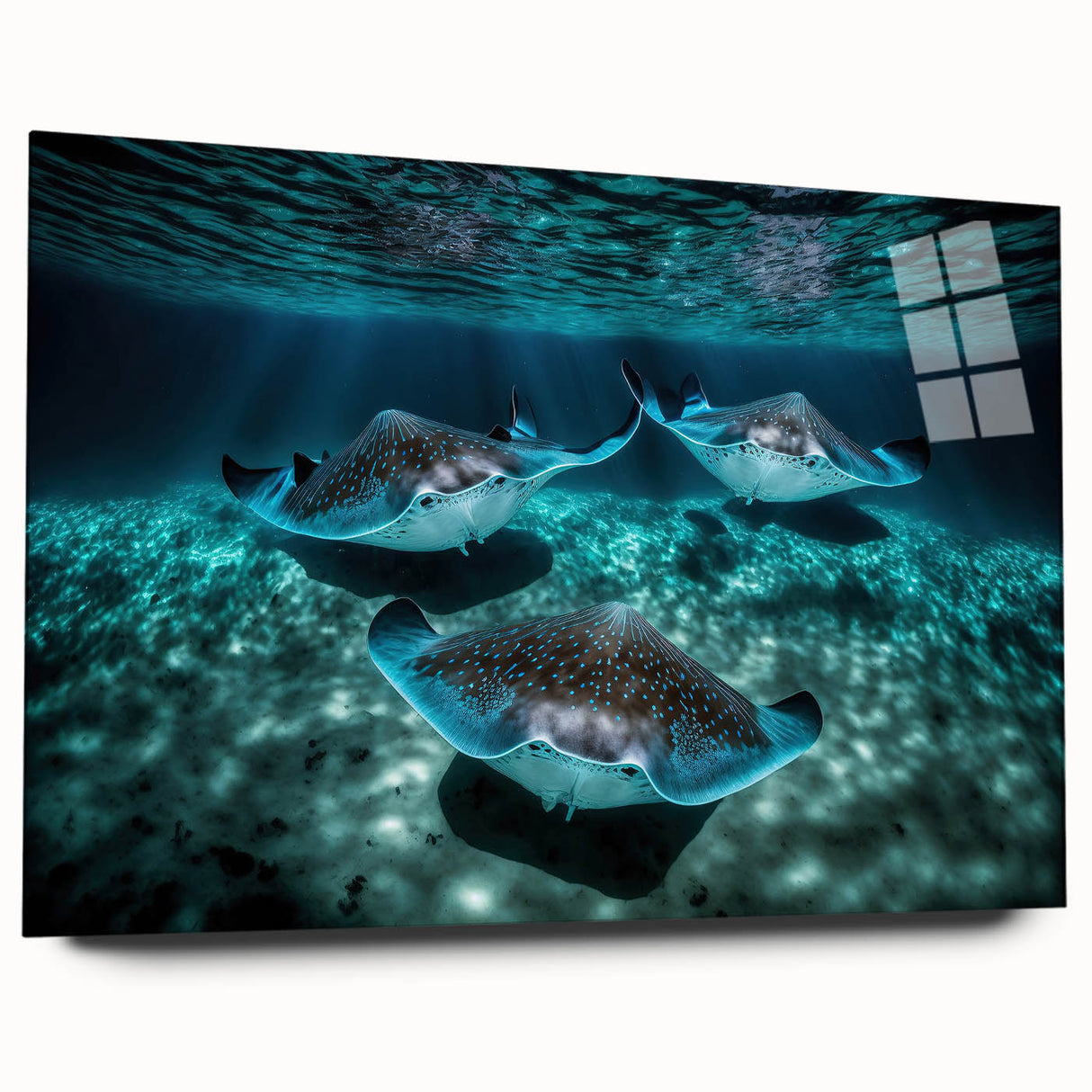 Large abstract wall art on acrylic glass showcasing vibrant ocean blues and greens, ideal for bedroom or dining room decor.