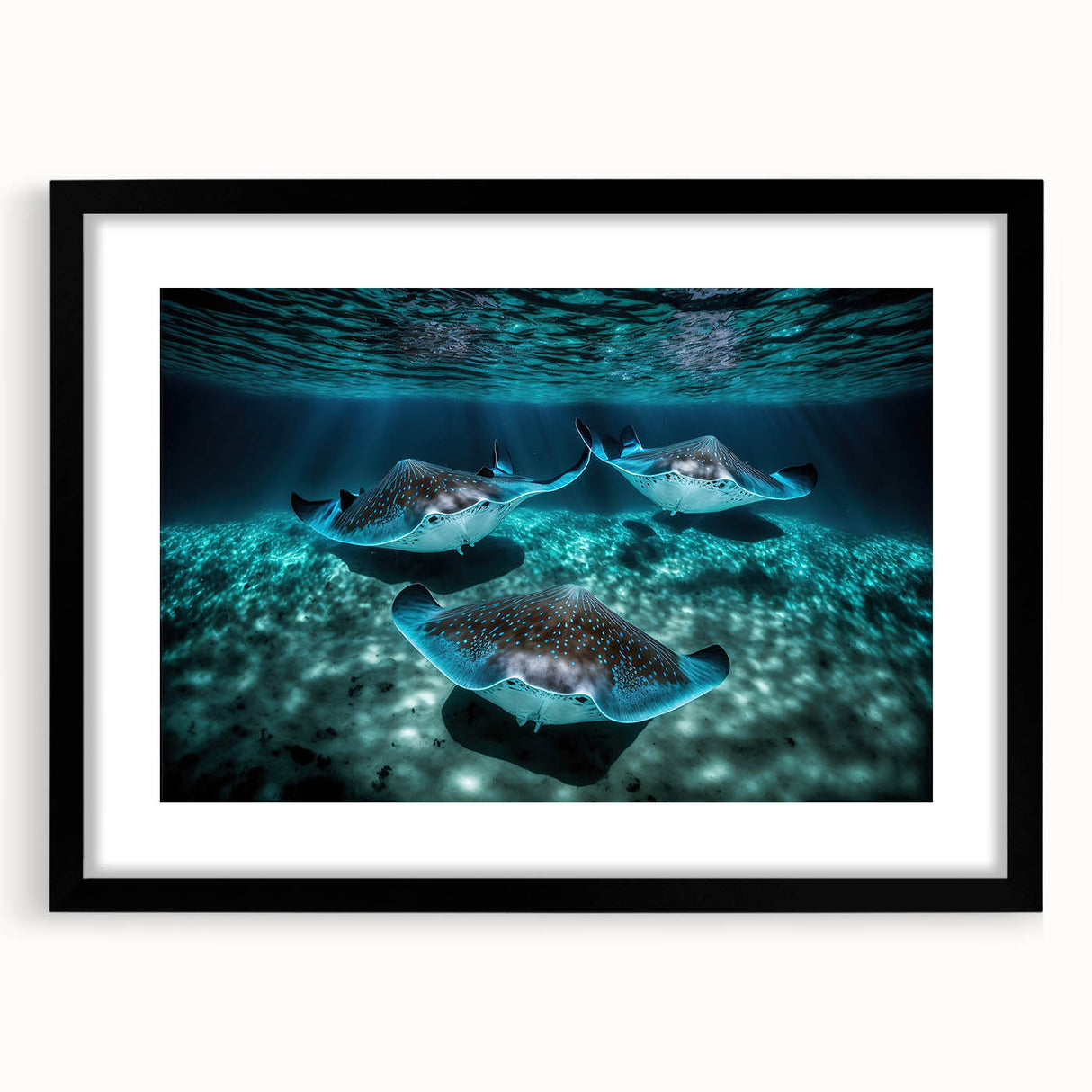 Extra large abstract art print of Caribbean scenery in vibrant colors on a textured canvas, framed in black.