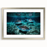 Extra large abstract art print depicting a textured Caribbean scene in vibrant blue and green tones, framed in silver.