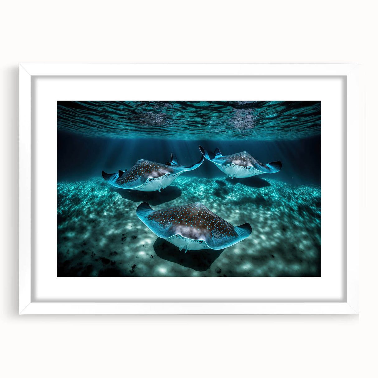 Textured abstract art print depicting Caribbean scenery in vibrant blue and green tones, framed with a white mat.