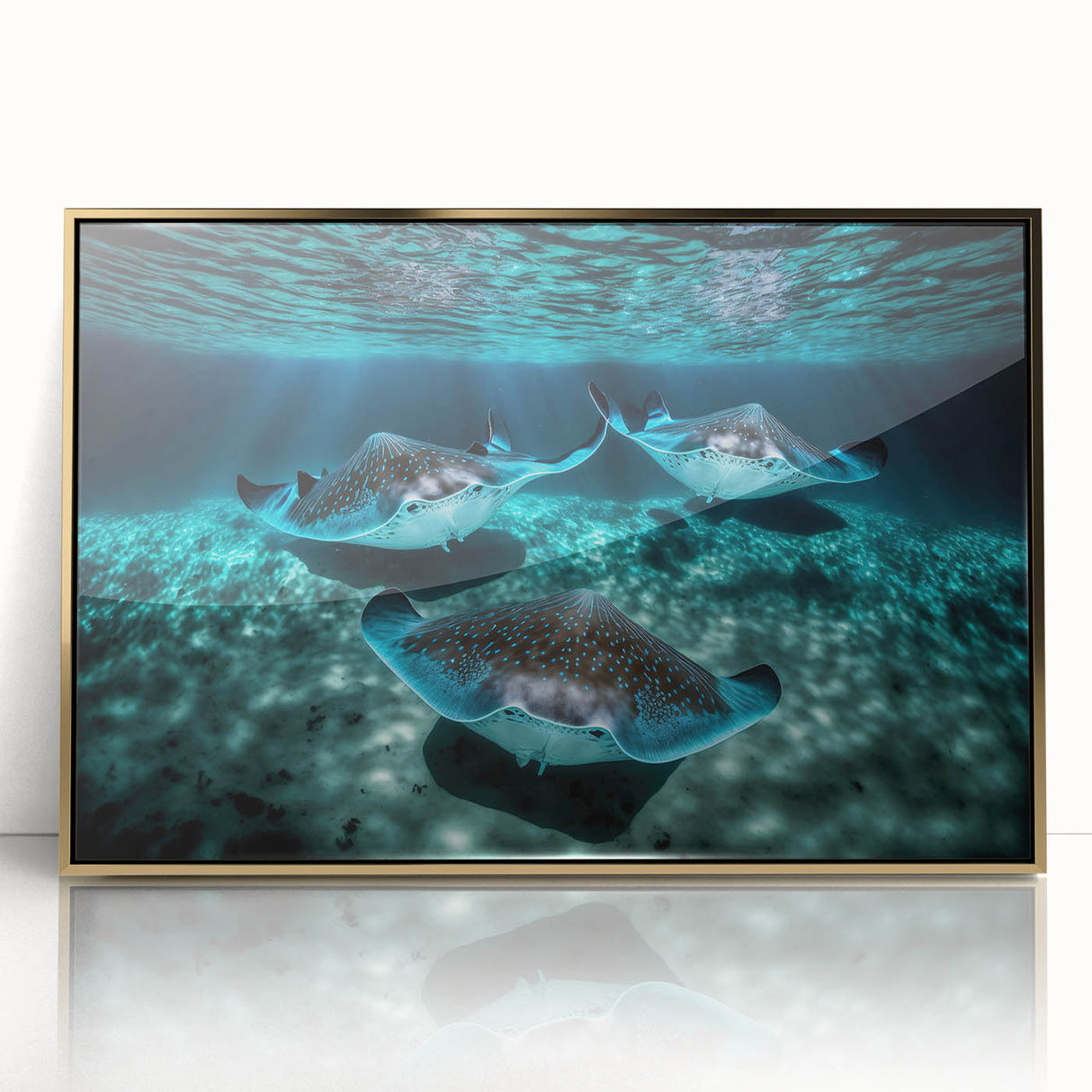 Art deco poster featuring a Caribbean scenery in muted blue and gold tones on framed acrylic.