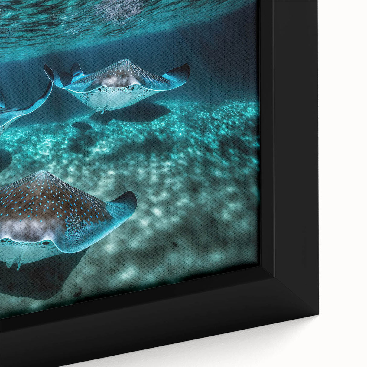 Extra large framed canvas of a textured Caribbean seascape with vibrant blue and green tones, ideal for living room decor.
