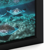 Extra large framed canvas of a textured Caribbean seascape with vibrant blue and green tones, ideal for living room decor.