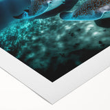 Art deco poster of a Caribbean scenery on rolled canvas, featuring vibrant ocean blues, ideal for dining room wall art.