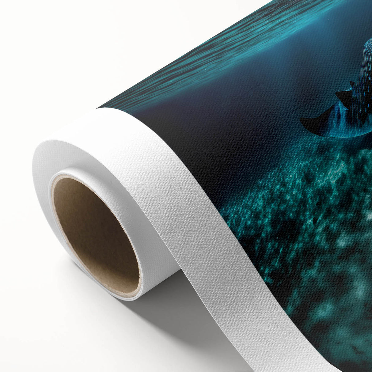Art Deco style poster of a Caribbean scenery on rolled canvas, featuring vibrant blue and green tones.