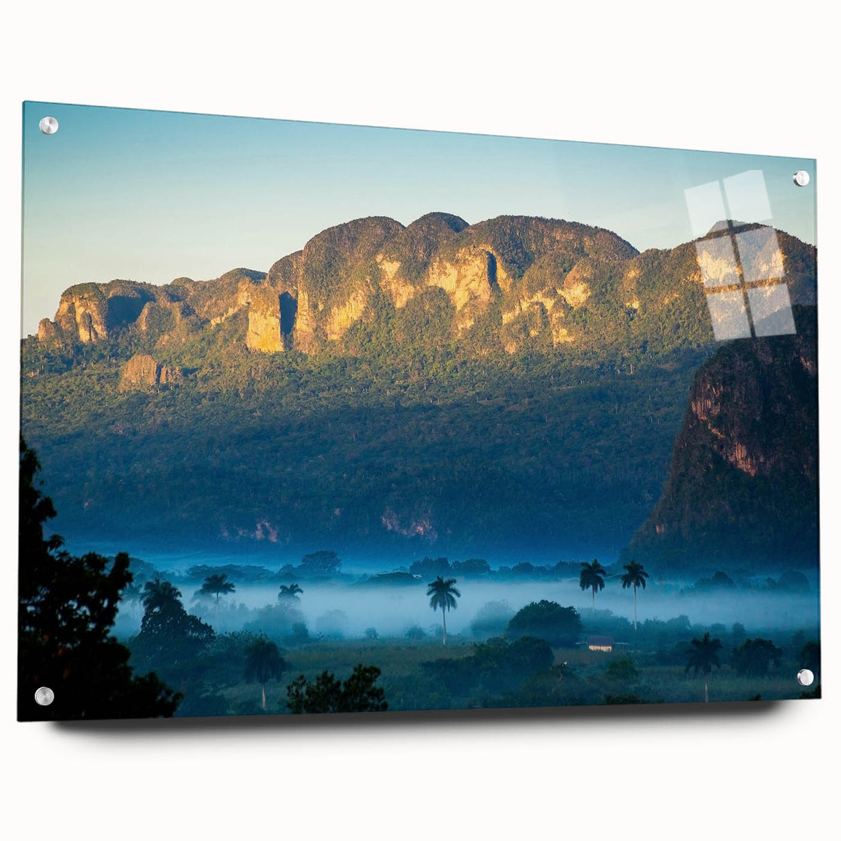 Acrylic print of a Caribbean Cuba scene in vibrant oceanic blues and greens, ideal for dining room decor.