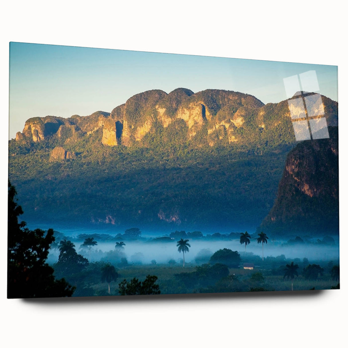 Large abstract wall art of Caribbean scenery in vibrant blue and green tones on acrylic glass.