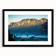 Extra large abstract art print of a vibrant Caribbean scenery on textured canvas, framed in black.