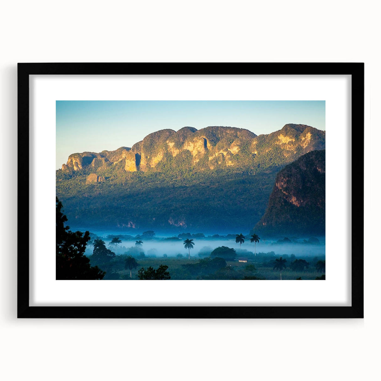 Extra large abstract art print of a vibrant Caribbean scenery on textured canvas, framed in black.