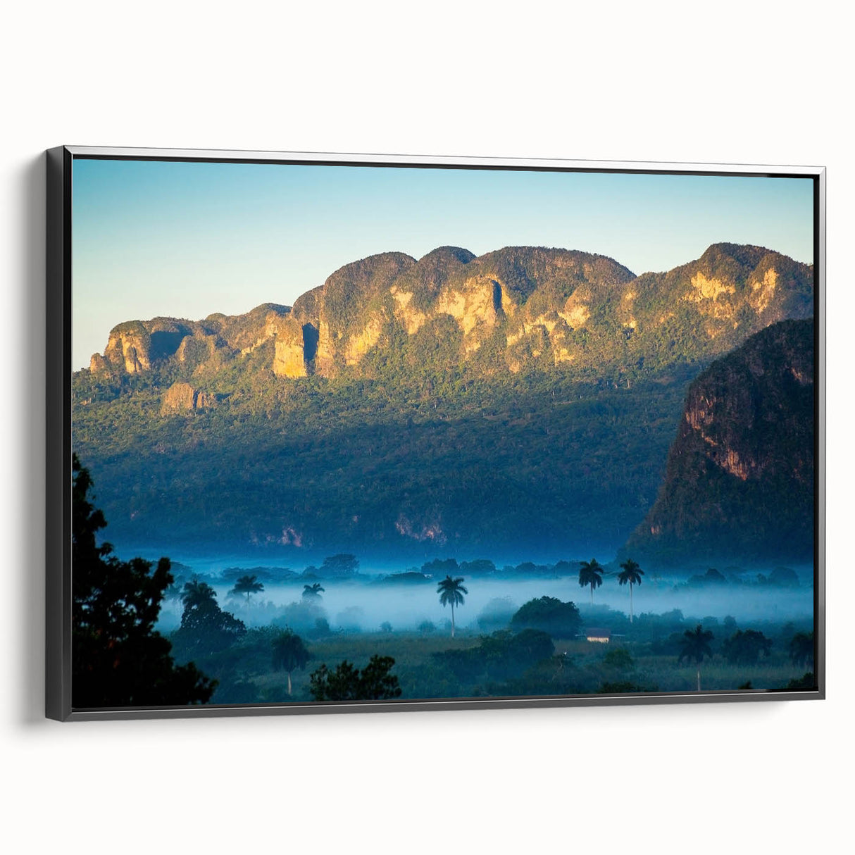 Black and white framed canvas featuring a vintage Cuban landscape, ideal for bedroom wall art.