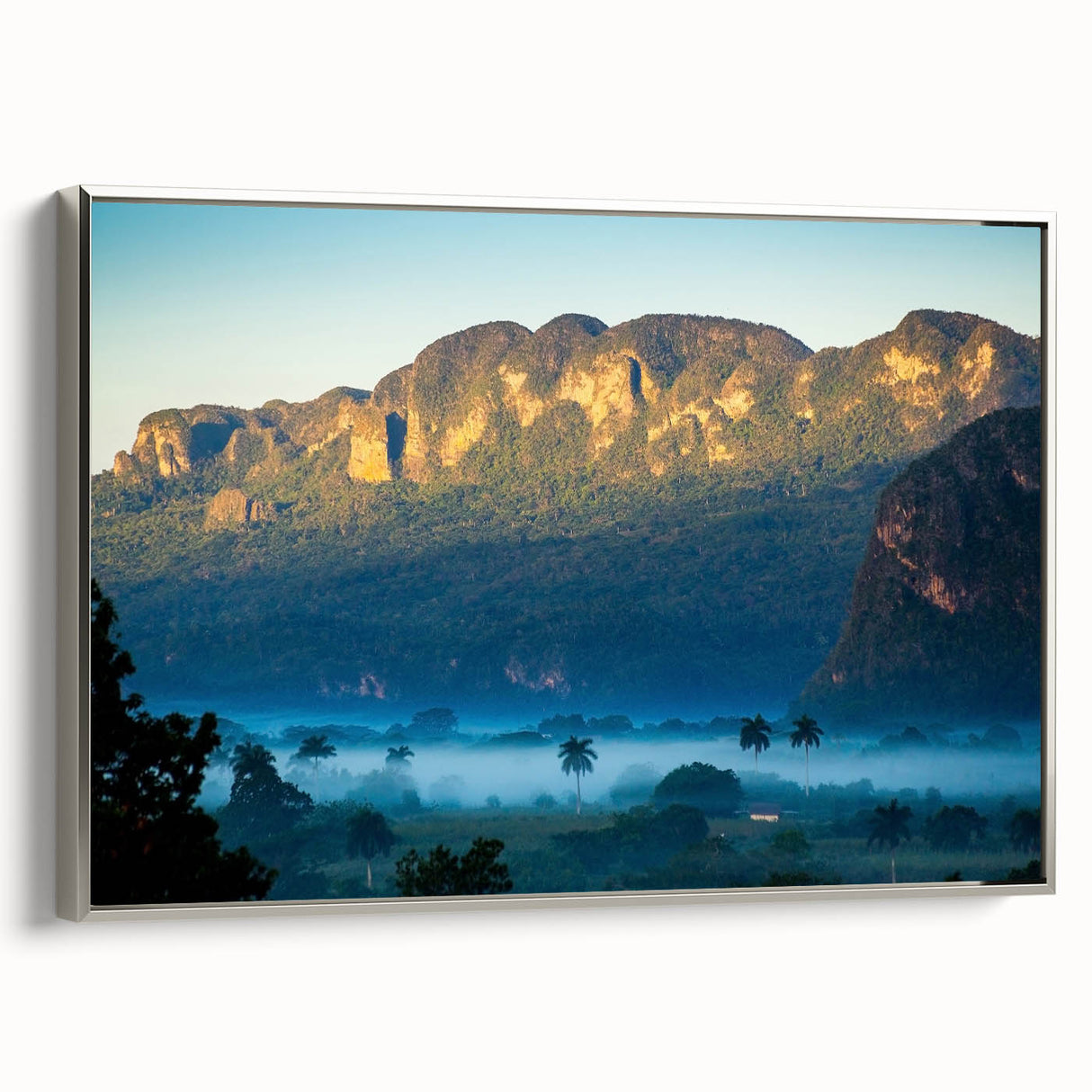 Framed canvas of a vintage Cuban landscape with vibrant color palette, ideal for living room decor.