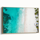Vintage poster art of a Caribbean scenery on framed canvas, featuring vibrant colors, ideal for living room decor.
