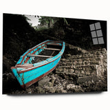 Large abstract wall art of a Caribbean scene in vibrant blues and greens on acrylic glass.