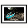 Extra large abstract art print of a vibrant, colorful Caribbean scene on a textured canvas, framed in black.