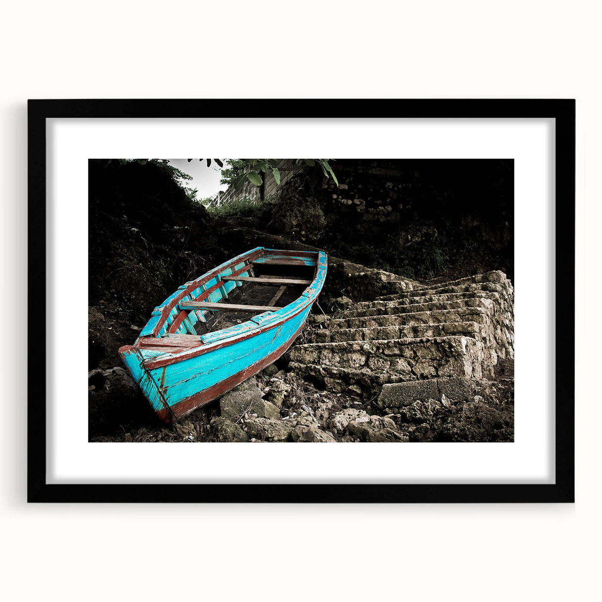 Extra large abstract art print of a vibrant, colorful Caribbean scene on a textured canvas, framed in black.