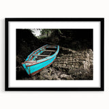 Extra large abstract art print of a vibrant, colorful Caribbean scene on a textured canvas, framed in black.