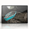 Large abstract wall art featuring a Caribbean Haiti scenery in vibrant blue and green tones, framed in black acrylic.