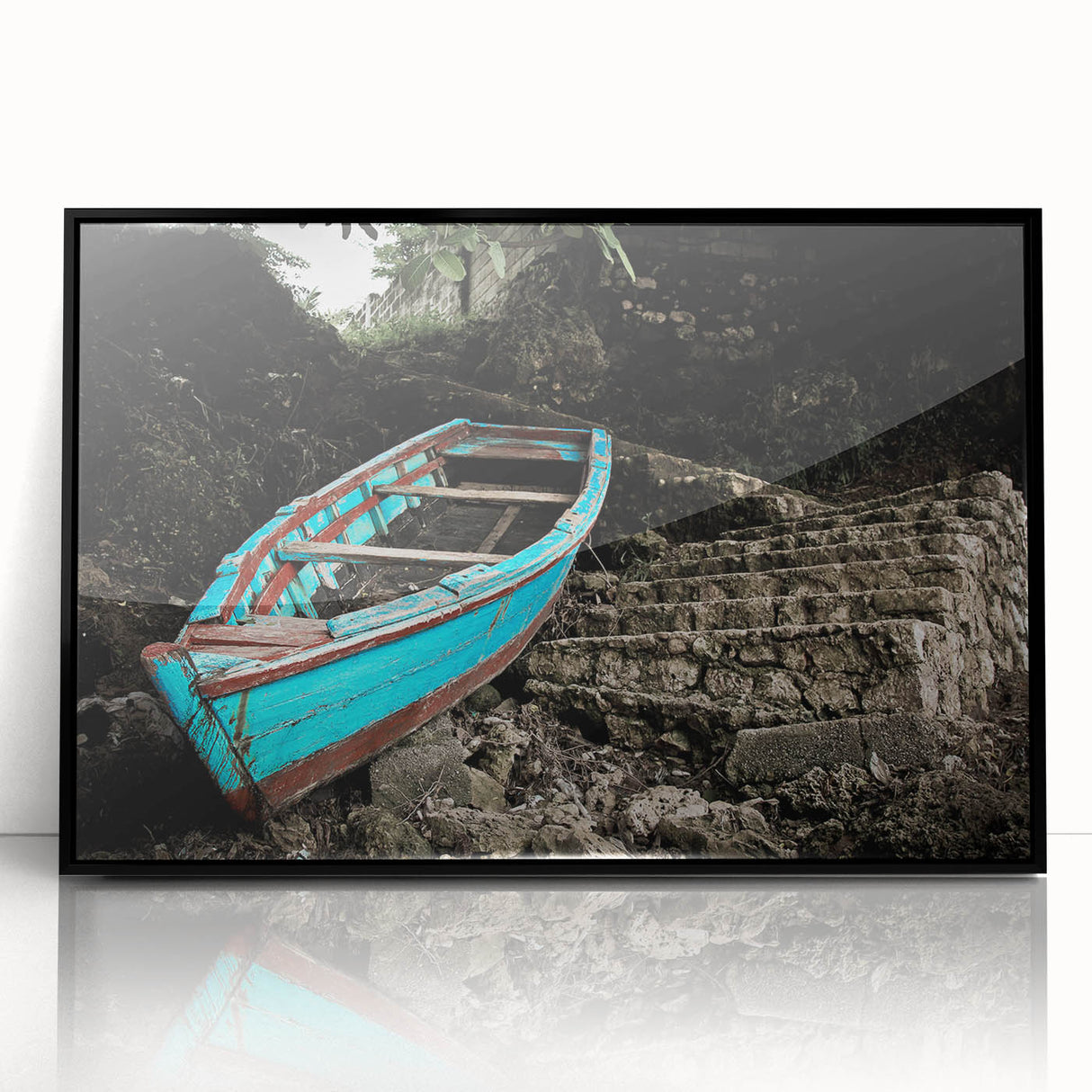 Large abstract wall art featuring a Caribbean Haiti scenery in vibrant blue and green tones, framed in black acrylic.