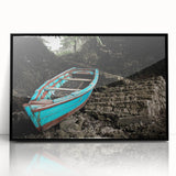Large abstract wall art featuring a Caribbean Haiti scenery in vibrant blue and green tones, framed in black acrylic.