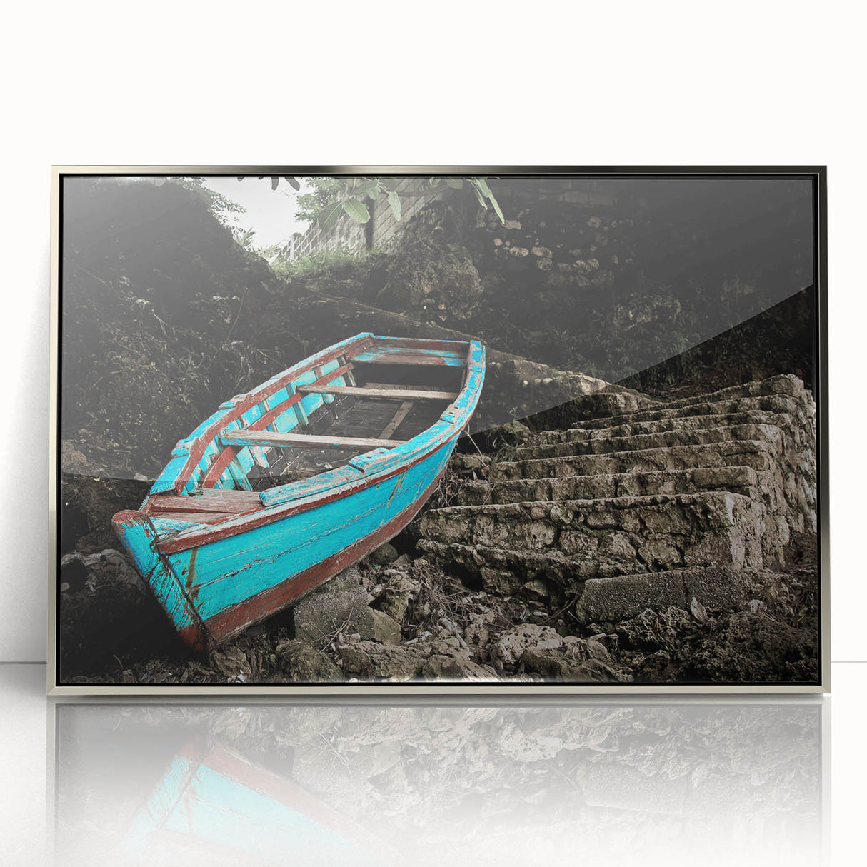 Art deco poster of a Caribbean scenery in pastel shades, silver-framed acrylic, ideal for modern nursery wall art.
