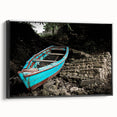 Black and white vintage poster art of a Caribbean landscape on a framed canvas, ideal for bedroom wall decor.
