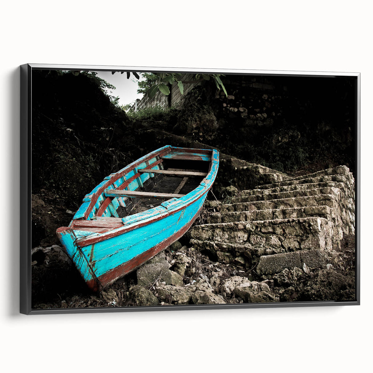 Black and white vintage poster art of a Caribbean landscape on a framed canvas, ideal for bedroom wall decor.