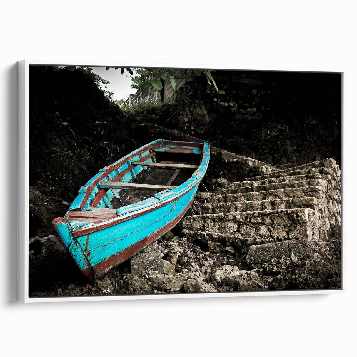 Framed canvas of a vintage-style Caribbean landscape with vibrant colors on a black background, ideal for living room decor.