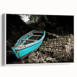 Framed canvas of a vintage-style Caribbean landscape with vibrant colors on a black background, ideal for living room decor.