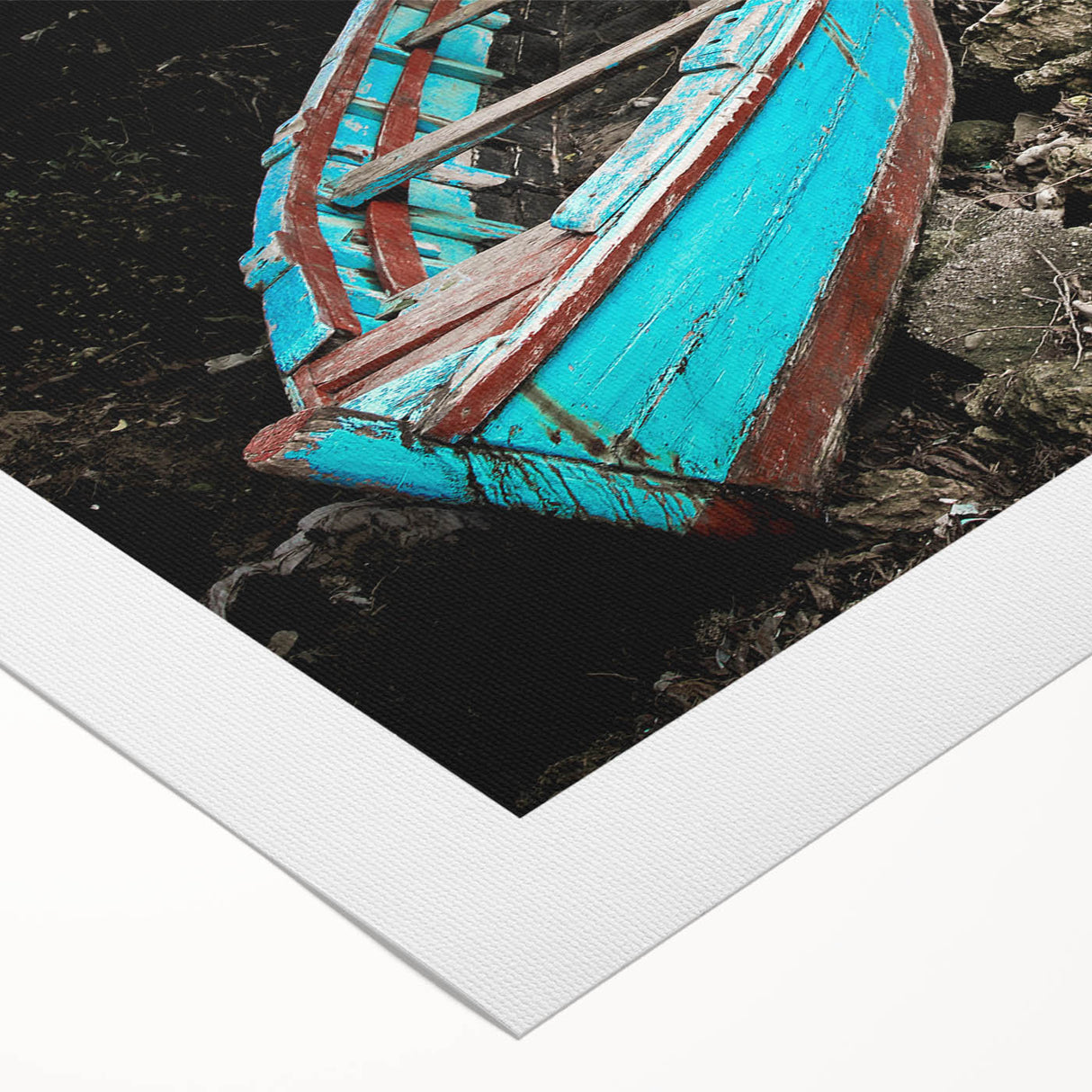 Art deco poster of a Caribbean scenery in muted blue and green tones on rolled canvas, suitable for dining room wall art.