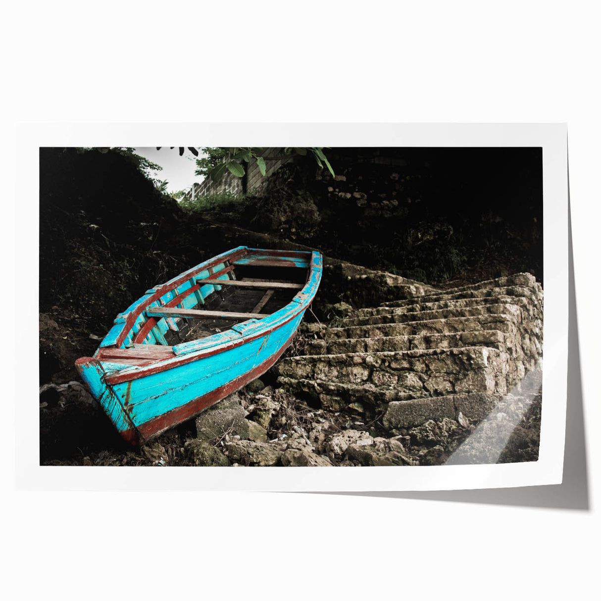 Extra large rolled print of a Caribbean scenery with vibrant floral elements, ideal for dining room wall art.