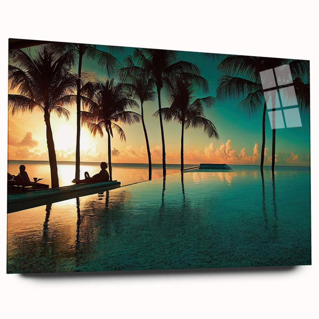 Large abstract wall art of a Caribbean scenery in vibrant blue and green tones on acrylic glass.