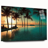 Large abstract wall art of a Caribbean scenery in vibrant blue and green tones on acrylic glass.