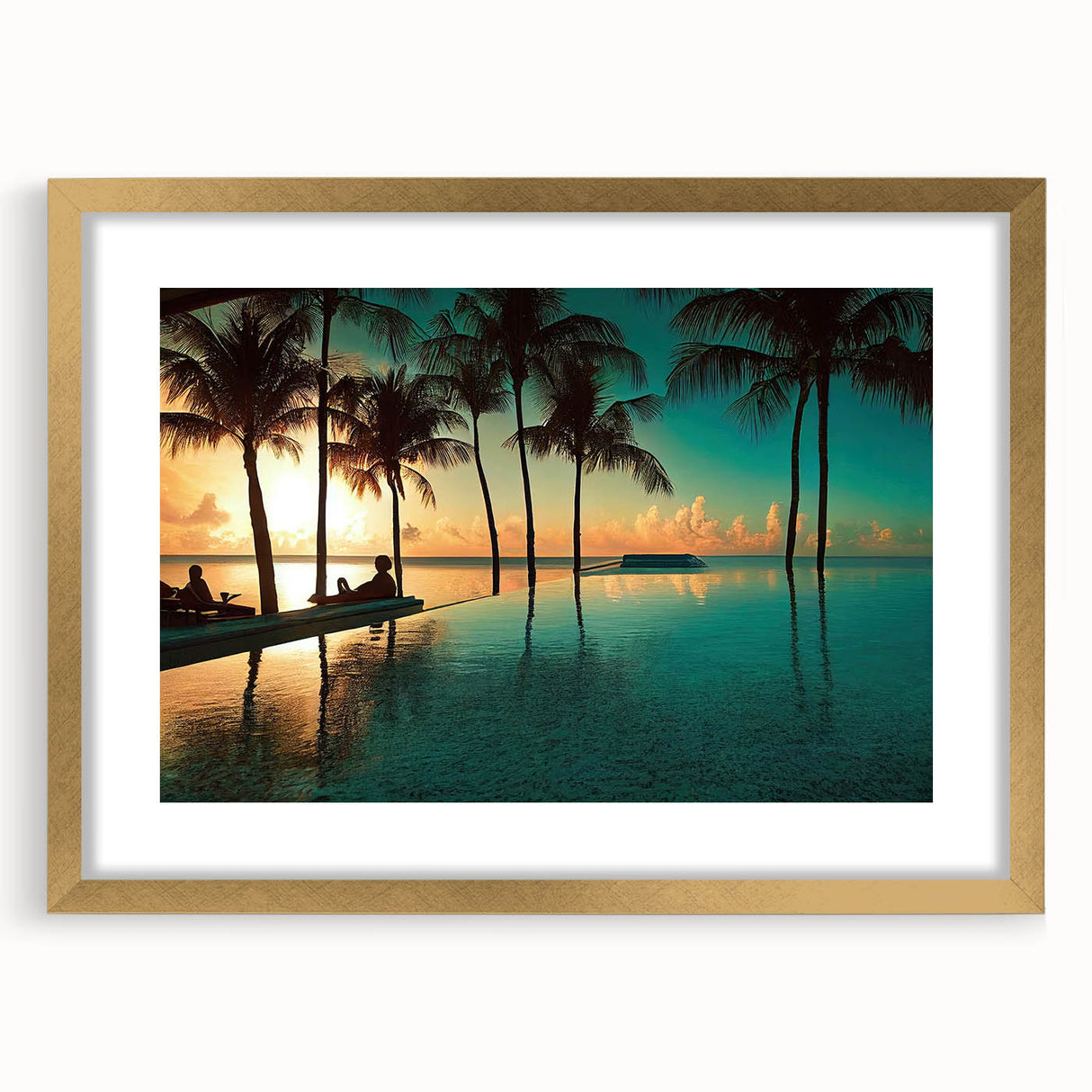 Abstract art print depicting a Caribbean scenery in vibrant blue and green hues on a gold-framed mat.