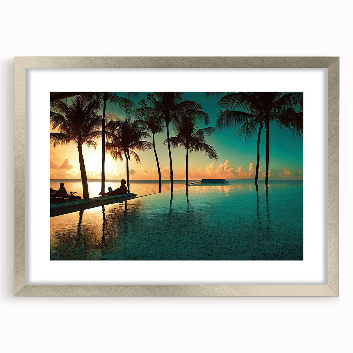 Extra large abstract art print featuring textured Caribbean scenery in muted blue and green tones, framed with a silver mat.